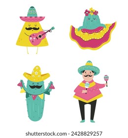 Colorful set with funny characters for Cinco de Mayo holiday. Mexican, cactus, nachos playing the guitar