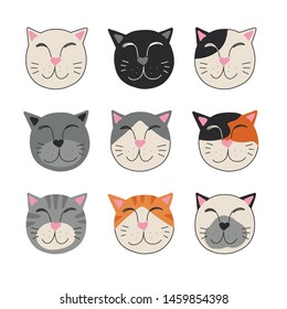 Colorful set of funny happy cat faces. Kinds of coat colorings. Isolated on white background. Veterinary clinic, pet shop, shelter branding design element. Use as badges, icons, stickers.
