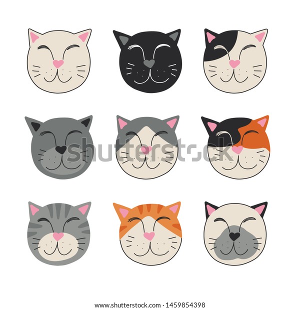 colorful set funny happy cat faces stock vector royalty