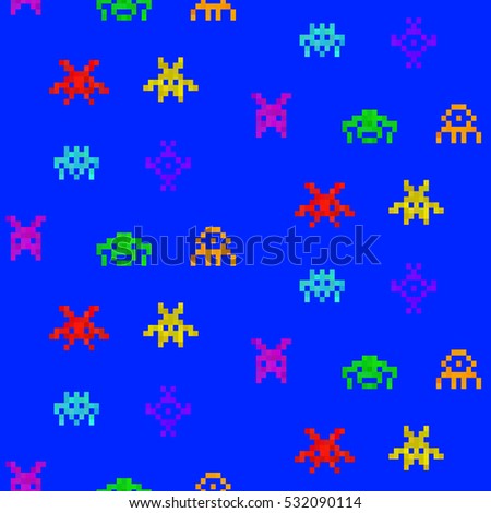 Colorful set of funny pixel monsters on blue error screen. Vintage vector design. Retro video games seamless pattern.