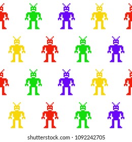 Colorful set of funny pixel robots. Vintage vector design. Retro video games seamless pattern.