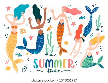 Colorful set with funny swimming mermaids, on white background with fish, sea star and inscription - summer time