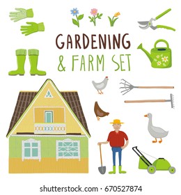 Colorful set of gardening and farm illustrations. Isolated on white background. House, farmer with shovel, rakes, gloves, boots, watering can, pruners, lawn mower, flowers, animals: chicken and goose.