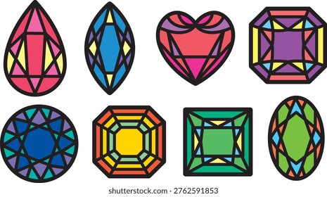 A colorful set of gemstone icons designed in a stained glass style. Featuring geometric shapes and vibrant colors, this artwork is suitable for logos, UI design, thumbnails, and decorative elements.