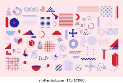 Colorful set geometric shape. Trendy halftone in style 90s. Memphis with shadow trends blue and red color pattern for design web banner, billboard, sale poster, leaflet. Isolated vector illustration