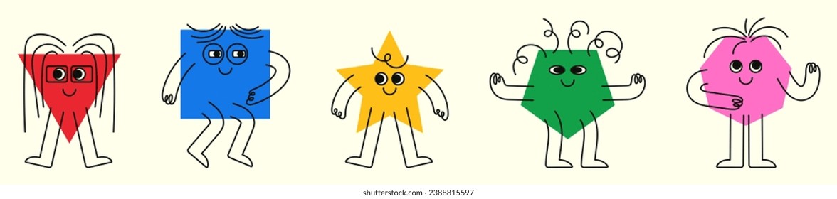 Colorful set of geometric shapes with emotions, arms and legs. Trendy graphics for children. Cute characters of basic geometric shapes on isolated background.
