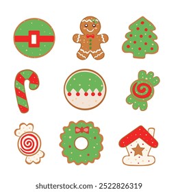 colorful set of gingerbread cookies, hand drawn. vector.