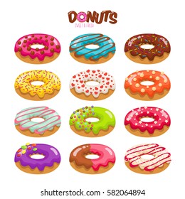 Colorful set of glazed donuts with caramel and sweets. Donuts vector set isolated on a  white background in a modern flat style. Vector illustration