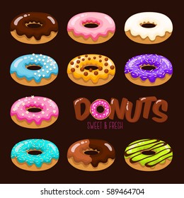 Colorful set of glazed donuts with caramel and sweets. set isolated on a  dark background in a modern flat style. Vector illustration