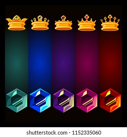 Colorful set of gold crowns and gems