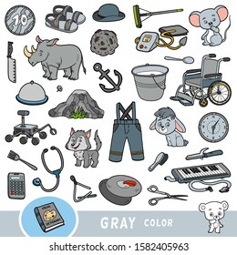 Colorful set of gray color objects. Visual dictionary for children about the basic colors. Cartoon images to learning in kindergarten and preschool