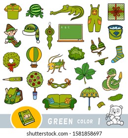 Colorful set of green color objects. Visual dictionary for children about the basic colors. Cartoon images to learning in kindergarten and preschool