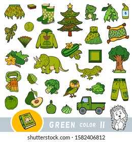 Colorful set of green color objects. Visual dictionary for children about the basic colors. Cartoon images to learning in kindergarten and preschool