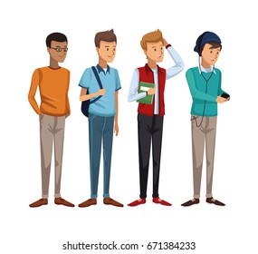 colorful set group of boy students standing