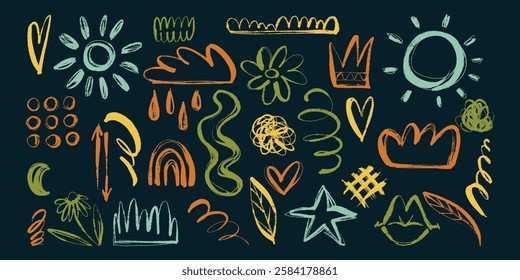 Colorful Set of Grunge Charcoal and Pencil Girly Sketches. Hand drawn design doodle shapes. Creative playful banner with graffiti abstract elements