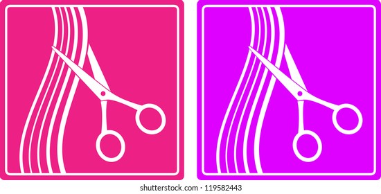 colorful set of hair salon sign with hair and scissors silhouette