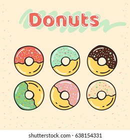 Colorful set of half-glazed donuts with caramel and sweets.