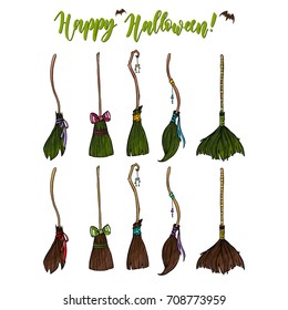 Colorful set of halloween brooms. Hand drawn illustration with hand lettering headline.