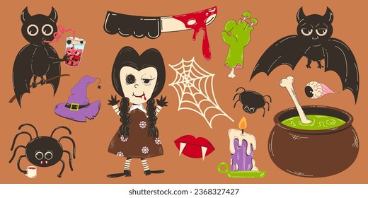 Farbige Halloween-Elemente im Retro-Cartoon-Stil. Eine beängstigende Puppe, ein Hexentrank, eine Fledermaus, die Blut trinkt, eine Zombie-Hand und andere Elemente.