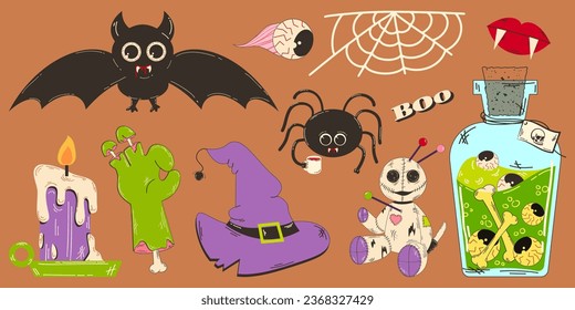 Colorful set of Halloween elements in retro cartoon style. Potion with eyes, spider and bat character, voodoo doll and other elements.