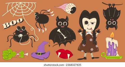 Colorful set of Halloween elements in retro cartoon style. A scary doll, a bat, a zombie hand, a spider knits a web and other elements.
