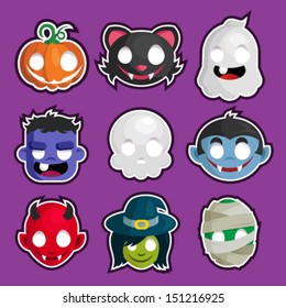 Colorful set of Halloween head cartoon stickers.