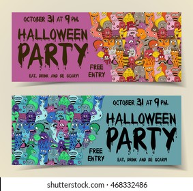 Colorful set of Halloween party flyers or banners with funny sketch monsters decoration.