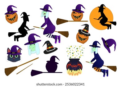 Conjunto colorido de bruxas de Halloween, chapéus, vassouras, abóboras e caldeirões. Ideal para desenhos festivos, cartões e decoração.