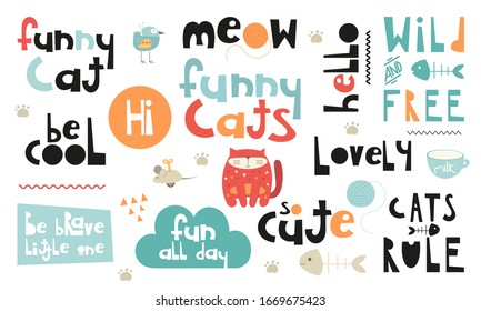 Colorful set of hand drawn cats quotes, phrases and words. Graphic design for t-shirt, posters, greeting cards. Vector illustration. Funny cats theme.