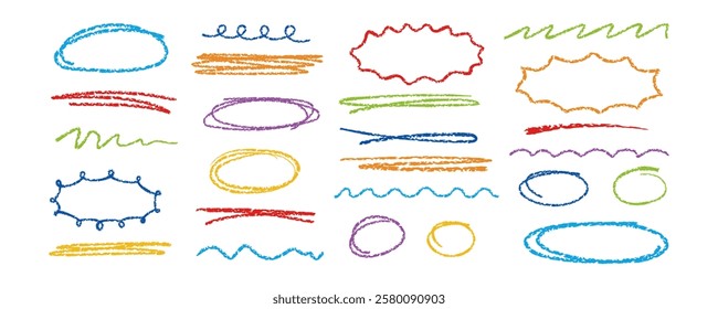 Colorful set of hand drawn crayon scribbles, lines, and oval frames. Wavy zigzag, stroke. Child drawing doodles collection. Elements for children creative design