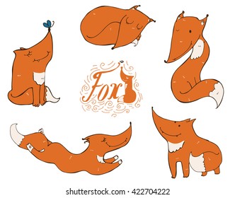 Colorful set of hand drawn cute ginger foxes in different poses, isolated on white background. Vector mascot  illustration with lettering and imperfections