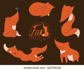 Colorful set of hand drawn cute red foxes in different poses, isolated on dark background. Vector mascot  illustration with lettering and imperfections