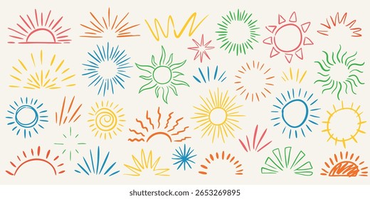 Colorful set of hand drawn doodle sunburst in whimsical sketch style. Decoration sun beams, stars and firework. Vector decoratoin elements