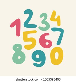 Colorful set of hand drawn kids  alphabet numbers. 