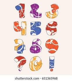 Colorful set with hand drawn numbers sequence from 0 to 9 on beige background. Vector collection hand written in bright colors. Digits decorated with abstract splashes and drops in random order.
