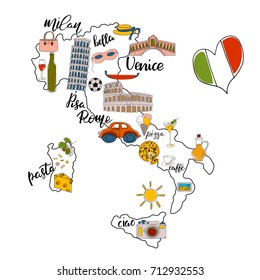 Colorful set of hand drawn objects and lettering about Italy.  Unique childish style vector illustration.
