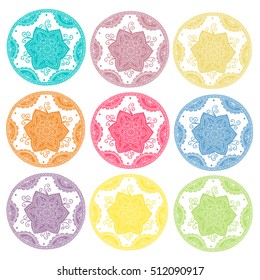 Colorful set of hand drawn round ornaments. Mandala design. Floral patterns. Vector art