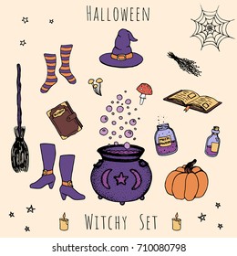 Colorful set of hand drawn vector halloween elements. Includes outline of potions, vials, herbs, books, mushrooms,cauldron with bubbles, pumpkin, witches hat, broom, stockings and shoes.