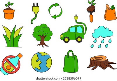 A colorful set of hand-drawn ecology and environmental icons, including a tree, electric car, recycling symbol, green energy, and save the planet elements. Perfect for eco-friendly campaigns