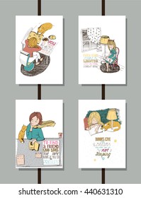 Colorful set of handdrawn educational lettering illustrations, with quotes about reading and books, lovely girl and cute cat. Vertical isolated on white vector posters, good for library and bookstore