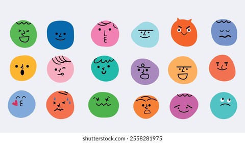 A colorful set of hand-drawn emoji faces representing various emotions. Fun, creative