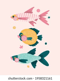 A colorful set of hand-drawn fish. Vector illustration