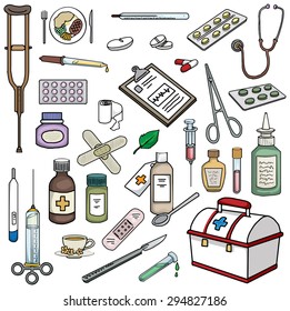 colorful Set of hand-drawn medical doodles, vector illustration