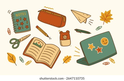 A colorful set of hand-drawn vector school supplies, including a laptop, book, and stationery, in a doodle style. Perfect for educational themes, back-to-school designs, and autumn study concepts.