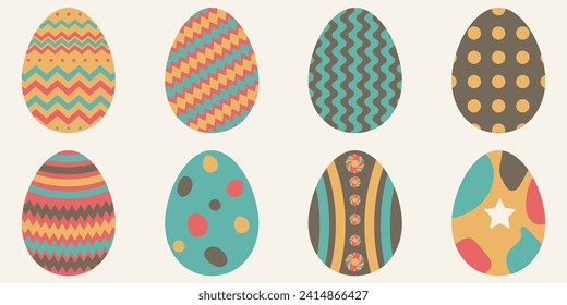 Farbige Set Frohe Ostern von acht dekorierten Eiern. Flacher Stil. Vektorhandgezeichnete Illustration in Gelb, Blau, Braun und Rot. Einzeln auf beigem Hintergrund