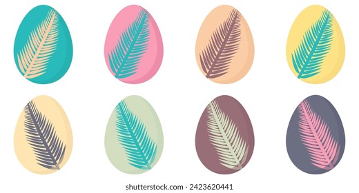 Colorful set Happy Easter of eight decorated eggs with tropical exotic leaves. Flat style. Multicolored vector hand drawn illustration done in yellow, blue, brown, pink, green colors