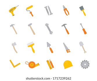 Colorful set of hardware or hand tools icons with assorted implements for building, carpentry, renovations or DIY