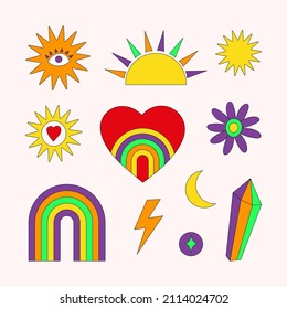 Colorful set of hippie retro vintage icons in 70s-80s style. Trendy vector illustration. All objects are isolated