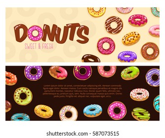 Colorido conjunto de Anuncios Horizontales con donas. Conjunto de Vector de donuts aislado en un estilo plano moderno. Ilustración vectorial