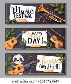A colorful set of horizontal music-themed banners with instruments and typography. Perfect for music festivals, greetings, or social media design.
